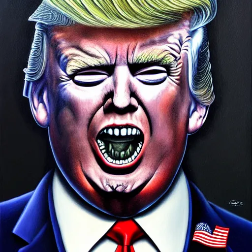 Image similar to h. r. giger donald trump painting, hyperdetailed, photorealistic, 4 k