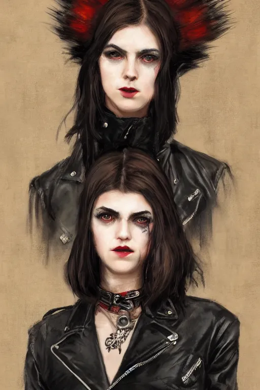 Image similar to portrait of a punk girl wearing a leather jacket with a wolf's head on her head, painted by waterhouse, bagshaw, digital painting, artstation