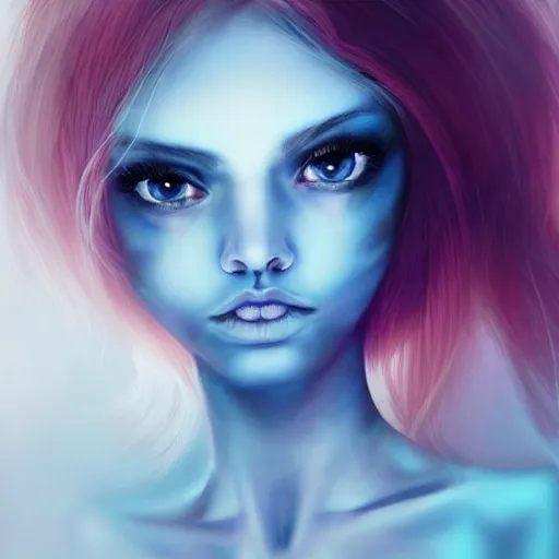 Image similar to beautiful ghost girl, black hair, blue eyes, glowing skin, photorealistic