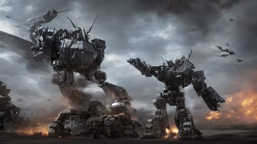 Image similar to bernie sanders putting the finishing touches on an armored weaponized mech robot, cinematic moody lighting, smoky laboratory, sharp focus, imax