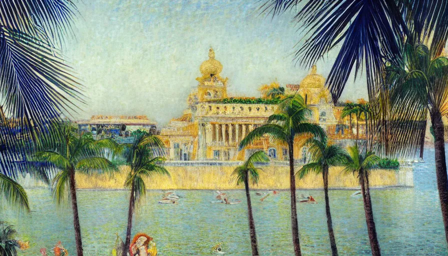 Image similar to a ultradetailed beautiful painting of the amazonas palace balustrade designed by jules bastien - lepage, tarsila do amaral, frank weston and gustave baumann, beach, trending on artstation, mediterranean, palm trees, sharp focus, colorful refracted sparkles and lines, soft light, 8 k 4 k