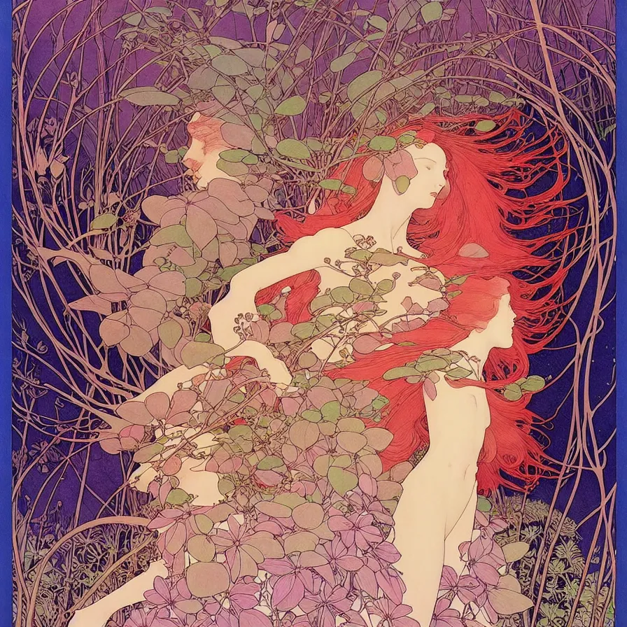 Image similar to ( ( ( beautiful strange forest and flowers and birds ) ) ) by mœbius!!!!!!!!!!!!!!!!!!!!!!!!!!!, overdetailed art, colorful, record jacket, cover art design, decorative frame like alfons maria mucha