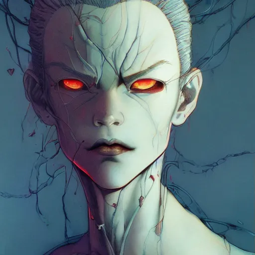 Image similar to prompt : vampire character portrait soft light painted by james jean and katsuhiro otomo and erik jones, inspired by evangeleon anime, smooth face feature, intricate oil painting, high detail illustration, sharp high detail, manga and anime 1 9 9 9