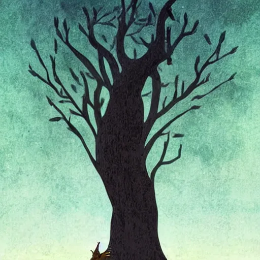 Image similar to by tony conrad, by christian schloe threatening, dismal. a digital art of a large, looming creature with a long, snake body. many large, sharp teeth, & eyes glow. wrapped around a large tree, bent under the weight. small figure in foreground, a sword, dwarfed by the size of the creature.