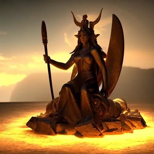 Image similar to cinematic scene with the goddess of war sitting on a majestic throne, dramatic, small details, volumetric lighting, still frame