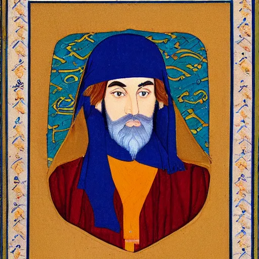 Image similar to portrait of paul atreides, pensive, bright blue eyes, in the style of persian miniature paintings.