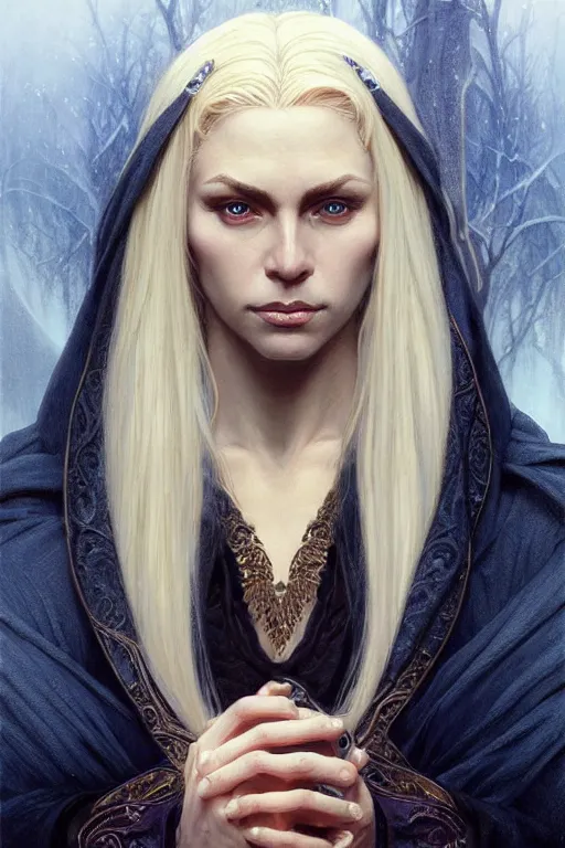 Image similar to portrait of an old blonde elven mage, dark, piercing eyes, gentle expression, elegant clothing, photorealistic, highly detailed, artstation, smooth, sharp focus, art by michael whelan, artgerm, greg rutkowski and alphonse mucha