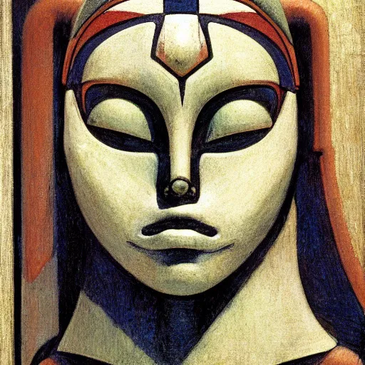 Image similar to head of a robot wearing a mask made of enamelled flowers, by annie swynnerton and edward hopper and jean delville and john watkiss and rufino tamayo, art deco shaman, stylized geometric flowers, art brut, symbolist, dramatic lighting, god rays, clean crisp graphics, smooth sharp focus, extremely detailed, adolf wolfli