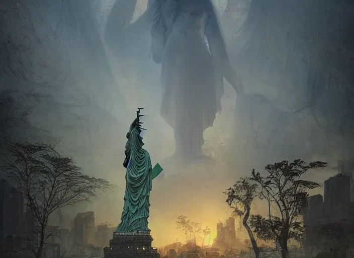 Image similar to highly detailed digital matte painting of a beautiful abandoned, overgrown, damaged Lady Liberty statue by Raphael LaCoste and Ruan Jia and Robert McCall, postcyberpunk, hyperdetailed, sunrise, wide shot, autochrome, octane render