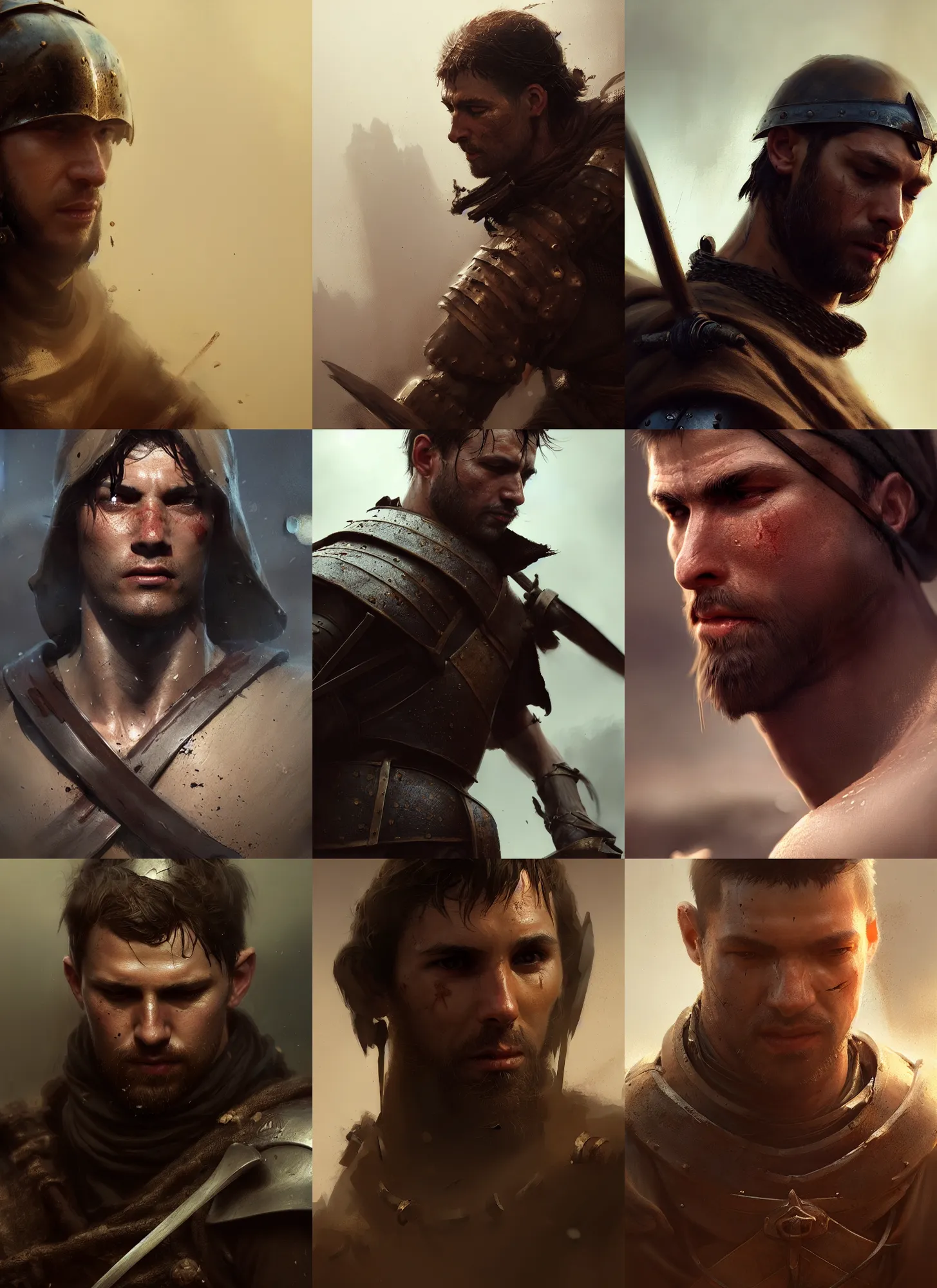 Prompt: medium close up of male medieval warrior walking, brown hair, dirty face, realistic cinematic lighting, photorealistic, reflections, glistening, sweat, greg rutkowski, wlop, ruan jia, artgerm, craig mullins, pixiv, artstation, octane renderer