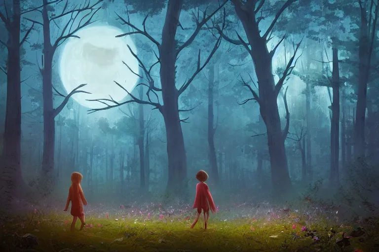 Image similar to giant daisy flowers head, girl walking in dark forest, surreal photography, dark night, stars, moon light, impressionist painting, clouds, digital painting, artstation, simon stalenhag