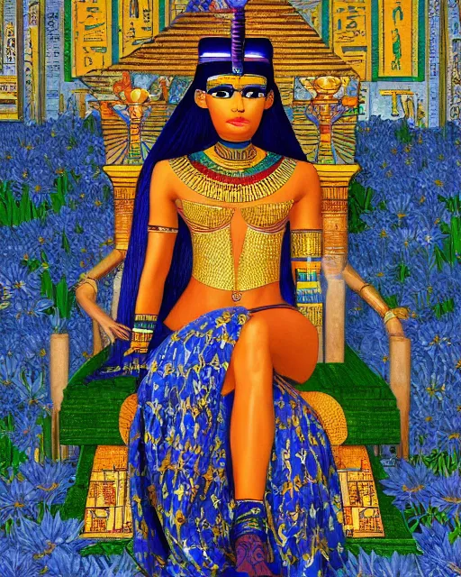 Image similar to a portrait of a beautiful female ancient Egyptian goddess sitting on her throne, surrounded by blue lotus flowers. At her feet lies Anubis. By Victor Nizovtsev
