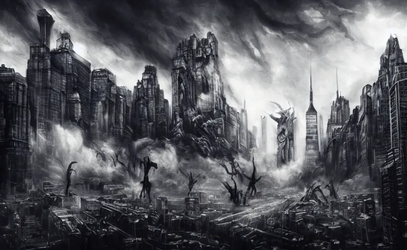 Image similar to an explosive epic extraterrestrial and hunan battle in new york city, in the style of h. r. giger, epic scene, extremely detailed masterpiece, extremely moody lighting, glowing light and shadow, atmospheric, shadowy, cinematic, god lighting