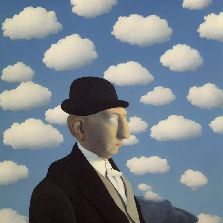 Prompt: portrait of a ghost, clouds in the background, by rene magritte, detailed painting, distance, middle centered, hd, hq, high resolution, high detail, 4 k, 8 k