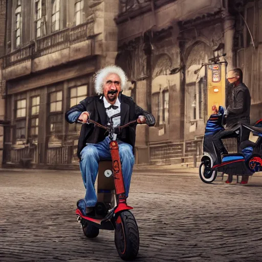 Prompt: Albert Einstein rides an electric scooter , moody, beautiful composition, hyper detailed, insane details , 8K