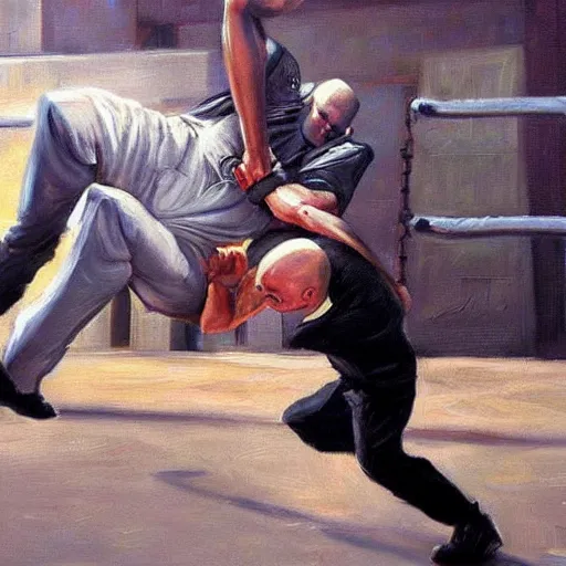 Image similar to agent 4 7 dropkicking a man off top of wrestling cell, realist painting