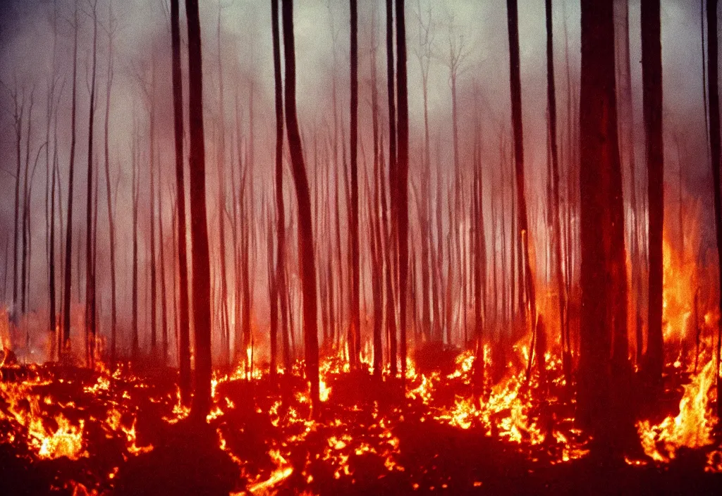 Image similar to lomo photo of a large burning forest in horizon, cinestill, bokeh, out of focus, night, dramatic lighting