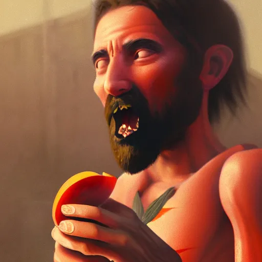 Image similar to Portrait of a feral man eating a peach, factory background, detail chewing, aesthetic, by greg rutkowski, rendered in octane