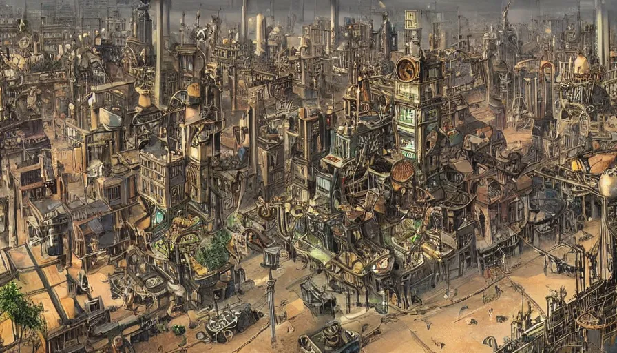 Prompt: a modern steampunk city from 1900, an anachronistic city with various objects that are out of place - H 1000