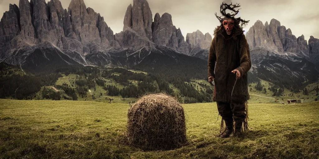 Image similar to alpine farmer transforming into a monster ,roots and hay coat, dolomites in background, dark, eerie, despair, portrait photography, artstation, highly detailed, sharp focus, by cronneberg