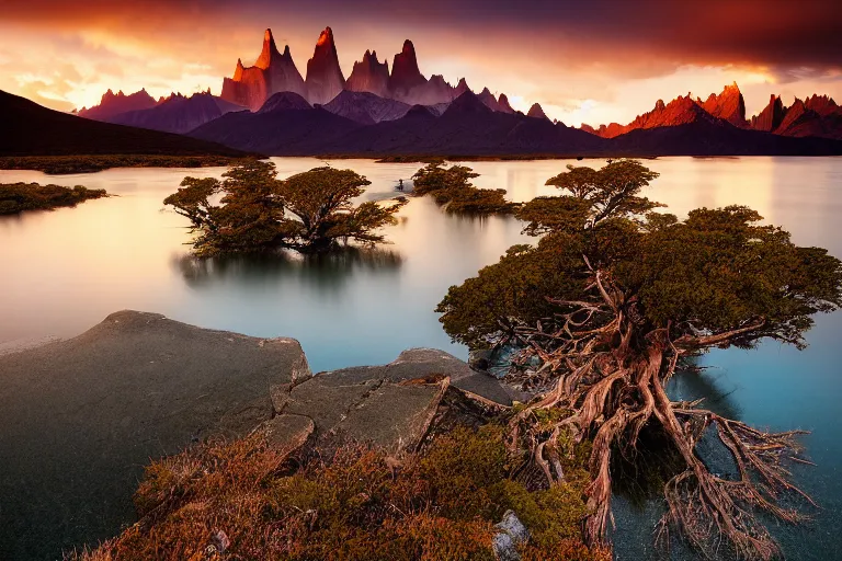 Image similar to A beautiful landscape photography of Patagonia mountains with a lake, a dead intricate tree in the foreground, sunset, dramatic lighting by Marc Adamus,