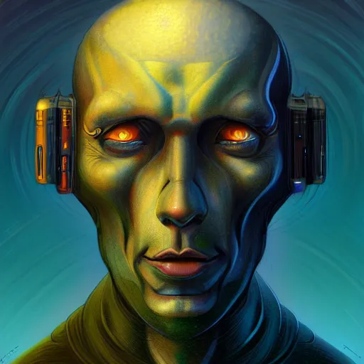 Image similar to scifi character portrait of man in the style of android jones and zdzislaw beksinski, 1 / 4 headshot.