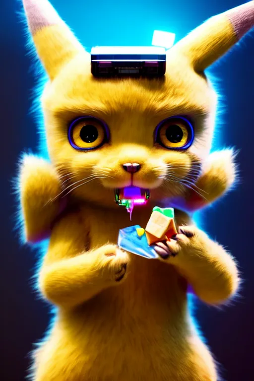 Image similar to high quality 3 d render very cute cyborg cat eating candy, cyberpunk highly detailed, unreal engine cinematic smooth, in the style of blade runner & detective pikachu, hannah yata charlie immer, moody light, low angle, uhd 8 k, sharp focus