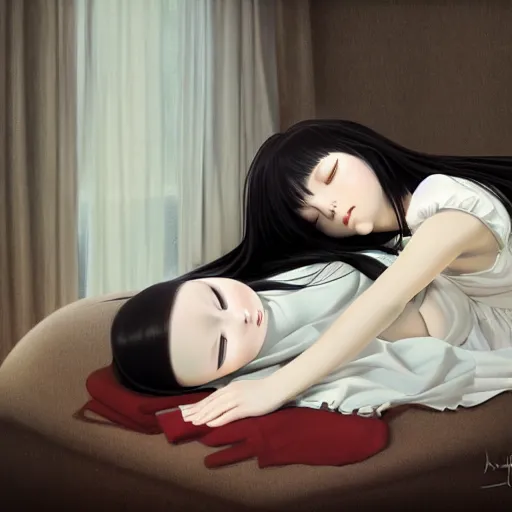 Image similar to room with an amount of photos retracting an little girl with an long black hair dressed in a simple white dress sleeping, anime art style, digital art ilya kuvshinov, inspired by balthus, hd, 4 k, hyper detailed, dark, anatomically correct, angelic face