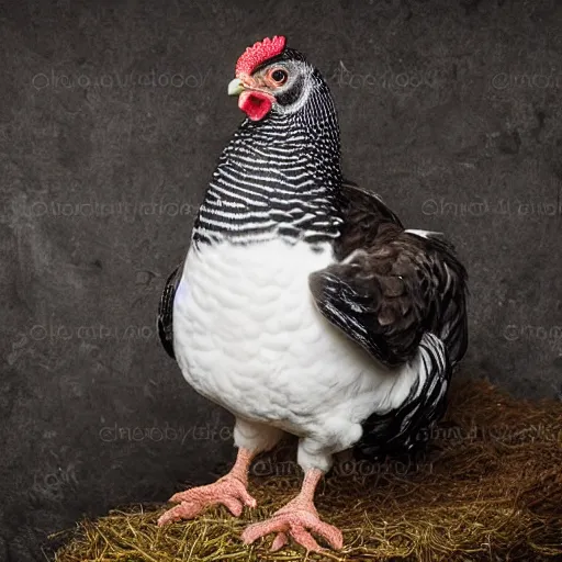 Prompt: cute!!! barred Plymouth Rock chicken, studio!! Portrait lighting, spotted with small white hearts!!