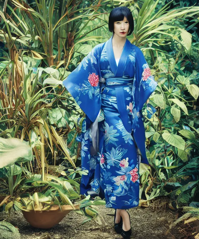 Prompt: fashion photograph of a pretty Japanese woman wearing a blue kimono in an tropical greenhouse, by Annie Leibowitz, extremely detailed, large format camera, Fuji Provia film, 85mm lens, bokeh, blurred background, photorealistic, trending on Instagram, trending on artstation