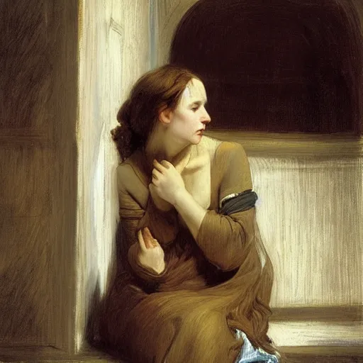 Image similar to vivid by edwin henry landseer. a beautiful conceptual art. her cell is as bare as mine. she is sitting in the middle, hugging her knees, wrapped in a toga - like garment.