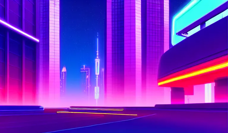 Image similar to a beautiful and immaculate futuristic city night time, neon colors. vaporwave ombre rendering. trending on artstation. recommended for you behance. by chris moore. by edward hopper. beeple colors. metropolis filmic.