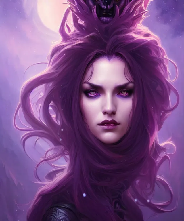 Prompt: Beautiful female lycan portrait, sci-fi, fire eyes, face, blue and purple hair, fantasy, intricate, elegant, highly detailed, digital painting, artstation, concept art, smooth, sharp focus, illustration, art by artgerm and greg rutkowski and alphonse mucha