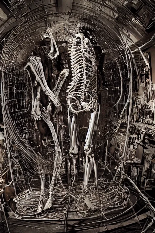 Prompt: inside a museum, a room where anatomical flesh body parts are piece of arts by Rob Bottin at night biomechanical, filth and grim, wires and strings, very detailed, ultra realistic photography, grainy image
