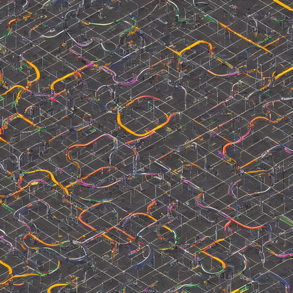 Image similar to train puzzle game. square grid of tracks. black background. top down 3 d rendered colorful trains and stations. trending on artstation. arnold render.
