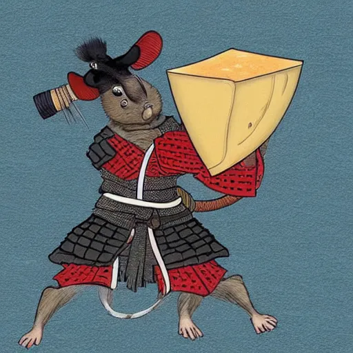 Image similar to Samurai fighting rat sitting on cheese