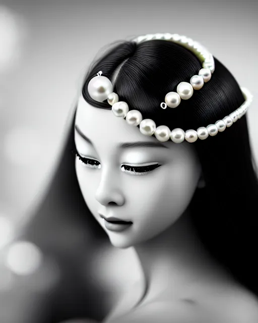 Prompt: black and white dreamy young beautiful female artificial intelligence, realistic pearl ornament in the face, long hair are intricate with highly detailed realistic pearls, cinematic, rim light, bokeh, photo - realistic, elegant, high detail, 8 k, masterpiece, photo taken in 1 9 3 0