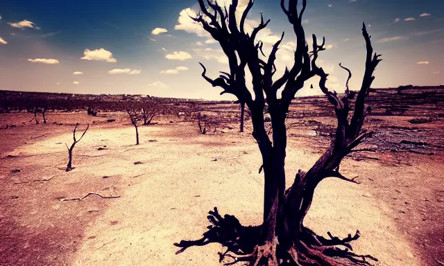 Image similar to medium shot of a crying ancient dried up Danu, peaceful, facing the camera and standing in front of a dried up river in a desolate land, dead trees, blue sky, hot and sunny, highly-detailed, elegant, dramatic lighting, artstation, 4k, cinematic landscape, photograph by Elisabeth Gadd