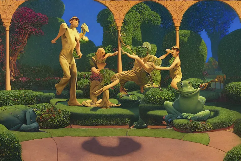 Prompt: a fantasy courtyard scene with dancing frogs, digital painting by maxfield parrish and michael whelan, photorealistic