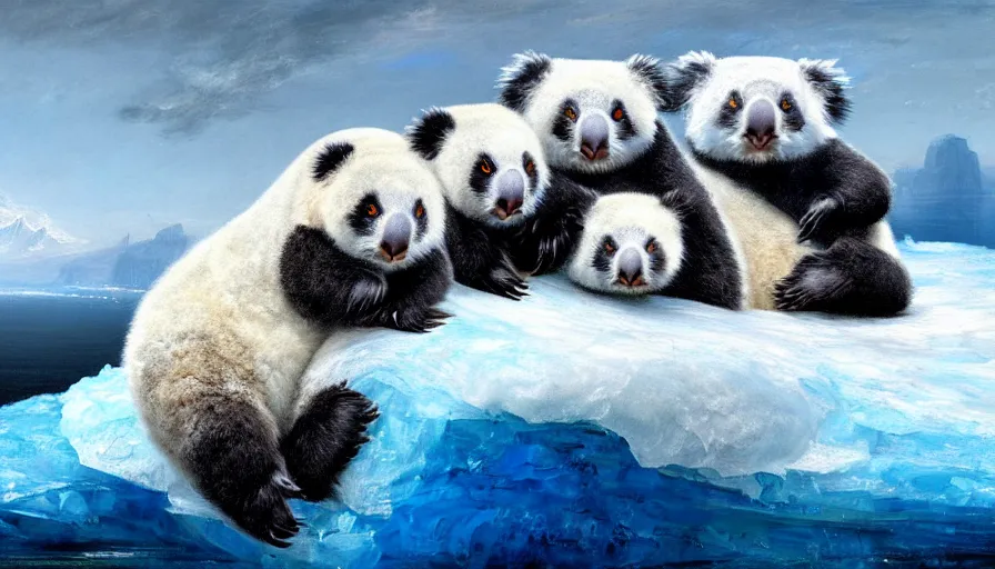 Image similar to highly detailed painting of cute furry white baby seal panda koalas cuddling into each other on a blue and white iceberg by william turner, by greg rutkowski, by william constable, thick brush strokes and visible paint layers, 4 k resolution