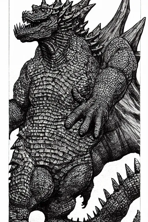 Image similar to godzilla as a d & d monster, full body, pen - and - ink illustration, etching, by russ nicholson, david a trampier, larry elmore, 1 9 8 1, hq scan, intricate details, inside stylized border