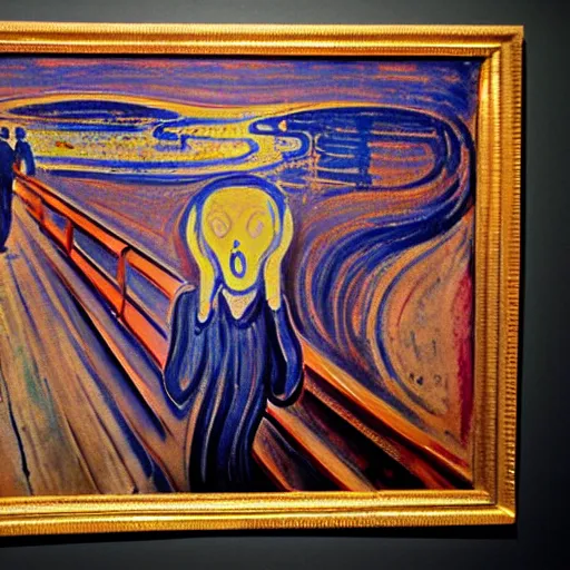 Image similar to painting of edvard munch's the scream with the two witnesses standing in the background, highly accurate, 8 k, highly ornate intricate details,