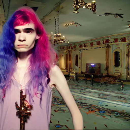 Prompt: a highly detailed cinematic wide shot of Grimes in a large room simulation with holographic symbolic codes