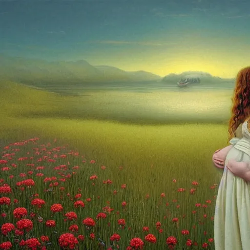Prompt: extremely detailed and intricate portrait of a happy pregnant woman with long auburn hair in a white cotton dress pondering life as she watches the sun set, rule of thirds, lake, nature, field of wild flowers, deviantart, deviantart, art style by zdzistaw beksinski and brian froud and esao andrews and thomas kinkade