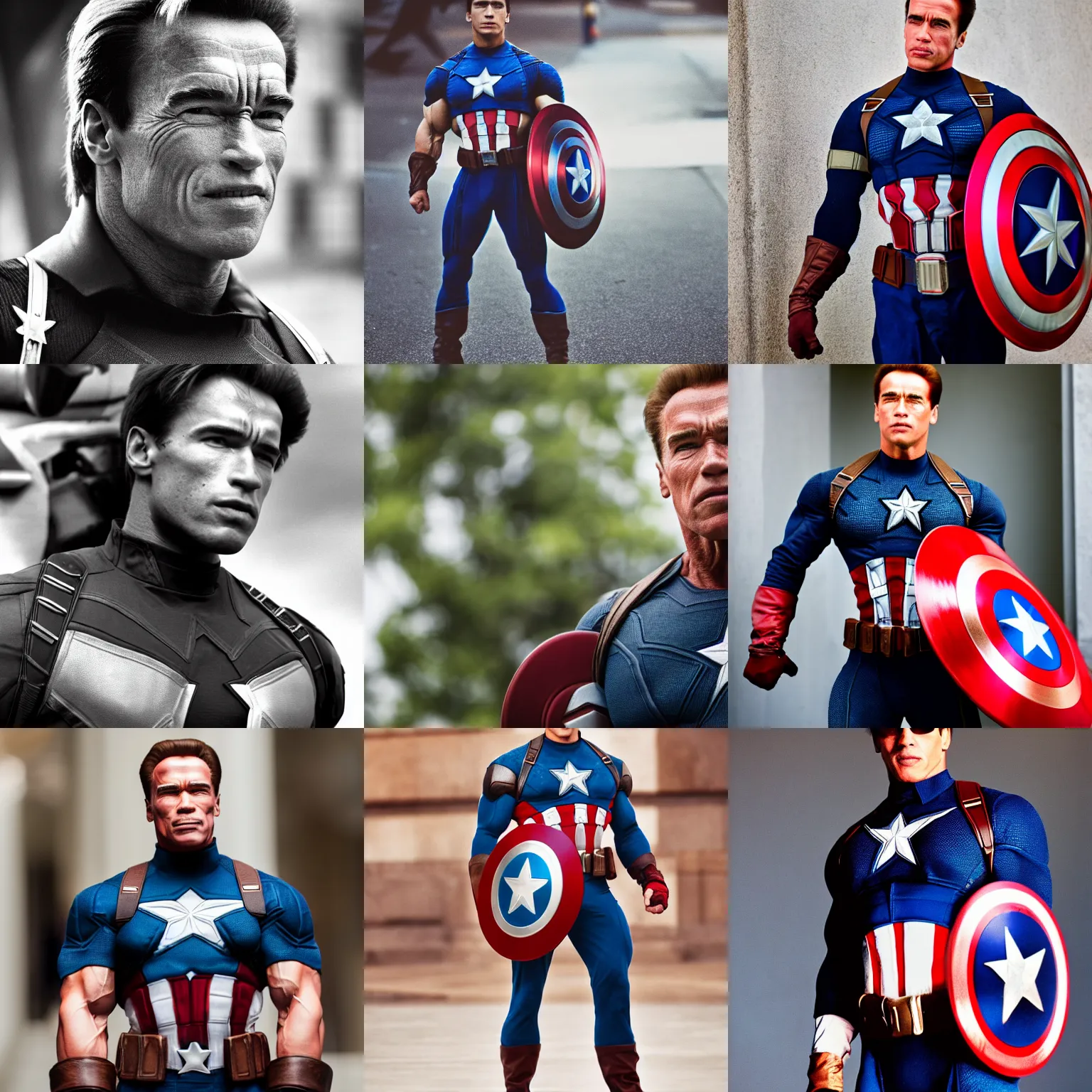 Prompt: 2 0 years old arnold schwarzenegger as captain america, photograph, telephoto sigma 8 5 mm f / 1. 4, dark