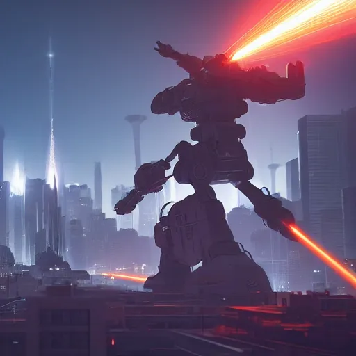 Image similar to A giant mech firing missiles and lasers in a city, cinematic lighting, highly detailed, 8k octane render