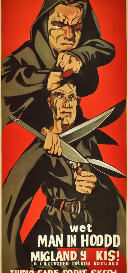 Image similar to man in hood and red eyes with a knife, 1940s propaganda poster, full hd,highly detailed