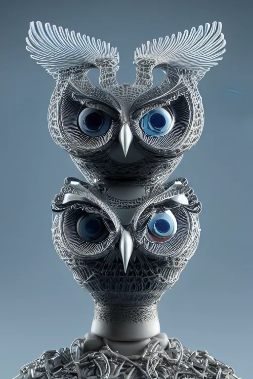 Prompt: complex 3 d render ultra detailed of a beautiful porcelain profile of a mechanical owl made of iron, cable wires, microchip, elegant, hyper realistic, ultra detailed, octane render, jamie hewlett style, volumetric lighting, 8 k post - production