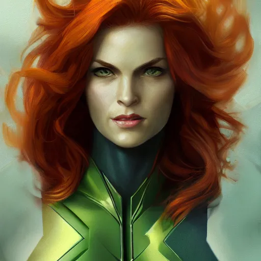 Prompt: jean grey, a half body of jean grey, green eyes, comic, x - men, highly detailed, artstation, symetry, digital painting, vivid colors, realistic shaded perfect face, soft lighting, atmospheric, cinematic, moody, in the style of krenz cushart, oil on canvas, 8 k