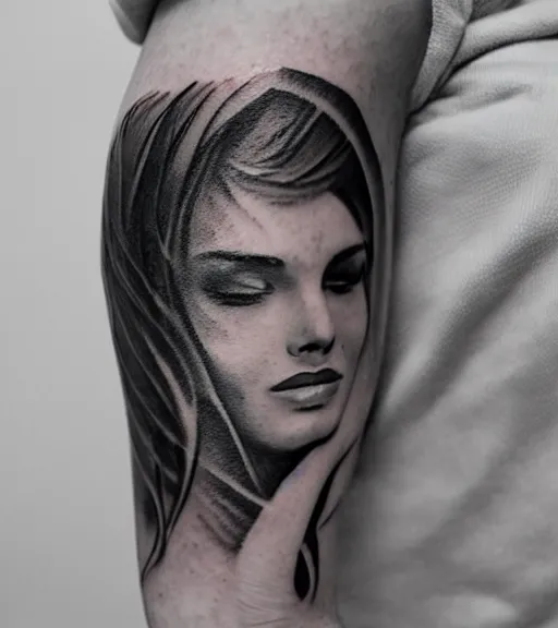 Prompt: tattoo design sketch of a beautiful woman face with mountain scenery on her side, hyper - realistic, double exposure, in the style of matteo pasqualin, amazing detail, black and white, faded
